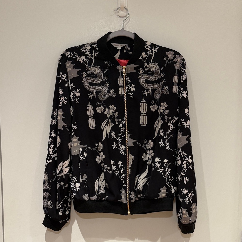 Floral Black & White Bomber Jacket in satin like fabric